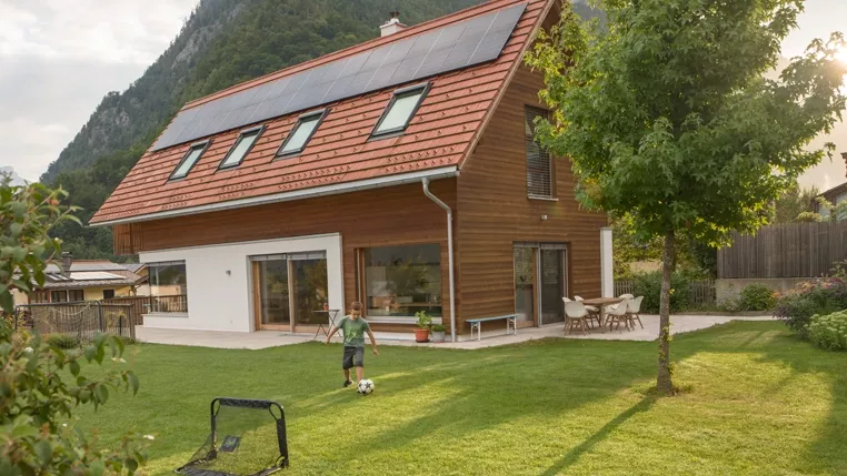 Family home with rooftop solar panels