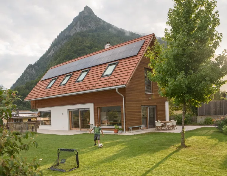 Family home with rooftop solar panels