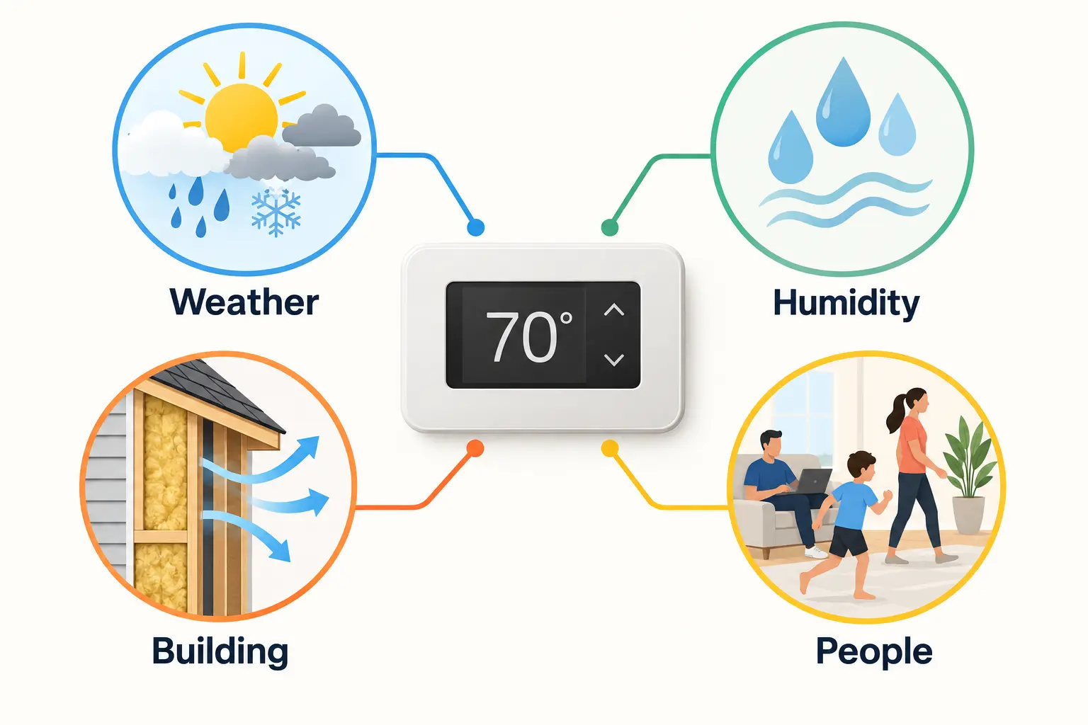 Weather, humidity, building quality and occupants all affect comfort