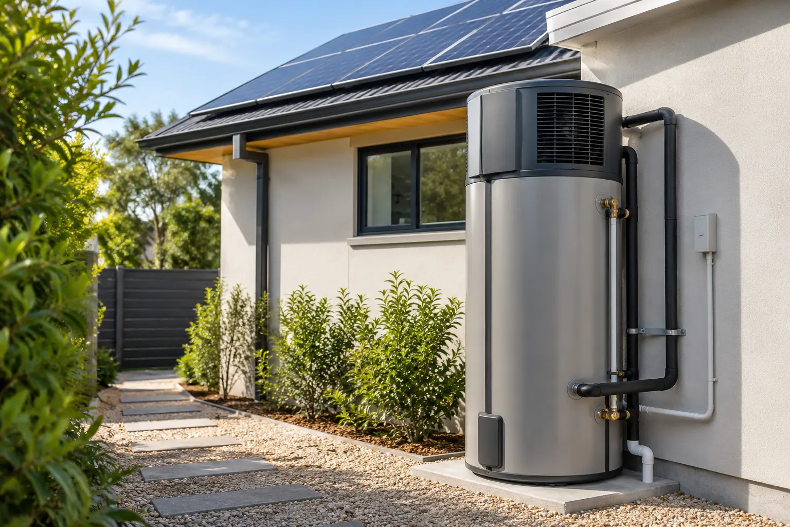 Heat-pump water heater installed at a home with rooftop solar
