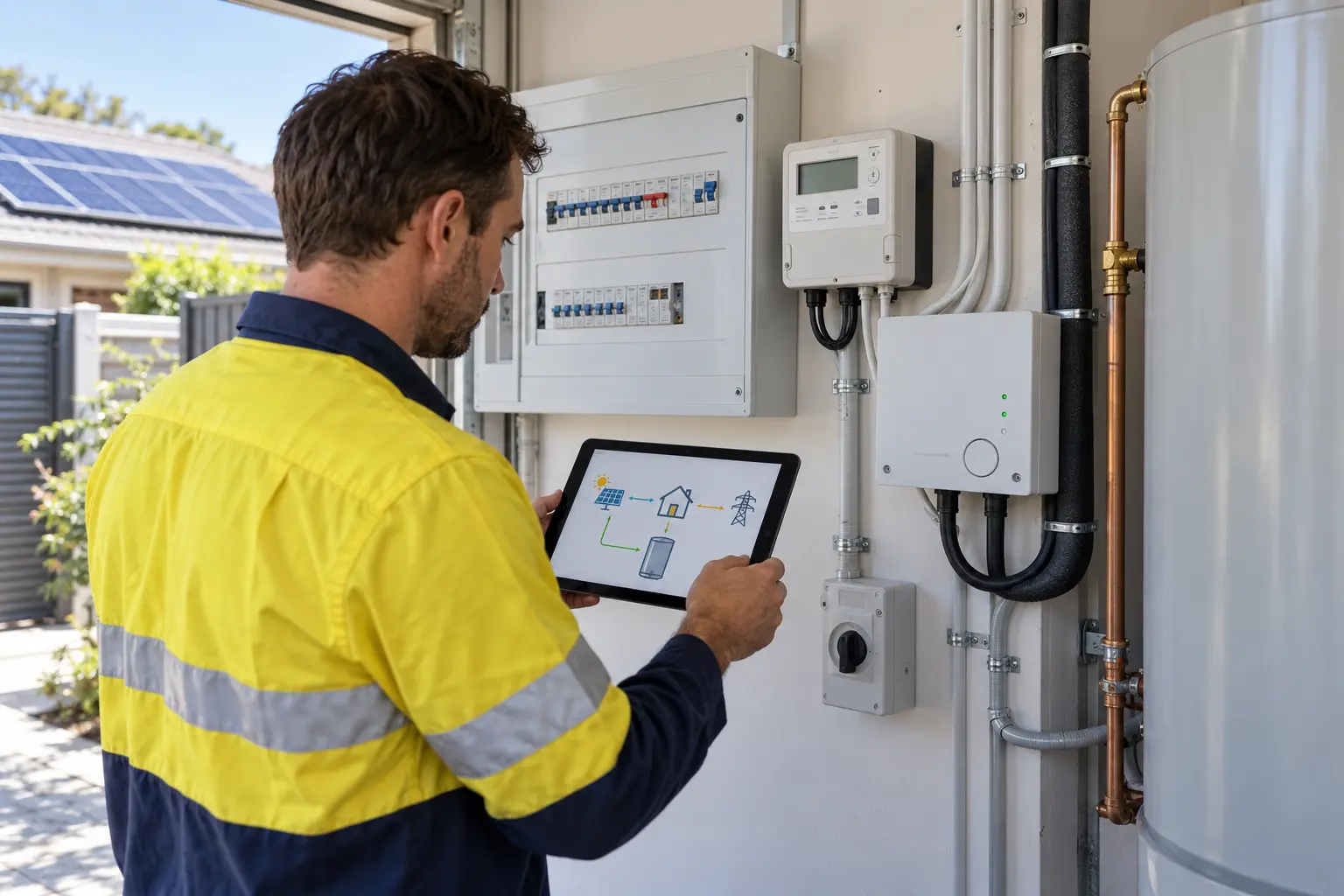 Electrician checking solar-surplus hot-water control and monitoring