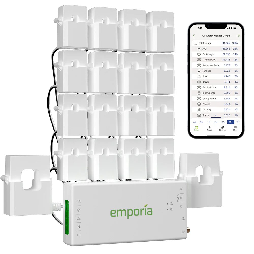 Emporia Vue 3 official product image with monitor and CT sensors.