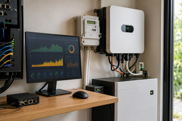 AI-generated illustration of local solar monitoring with home server, energy meter, and local dashboard