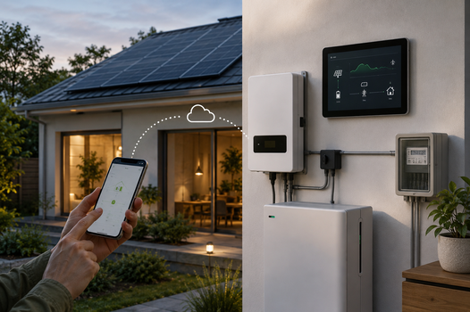AI-generated illustration of a hybrid solar monitoring setup with phone, wall dashboard, and home energy equipment
