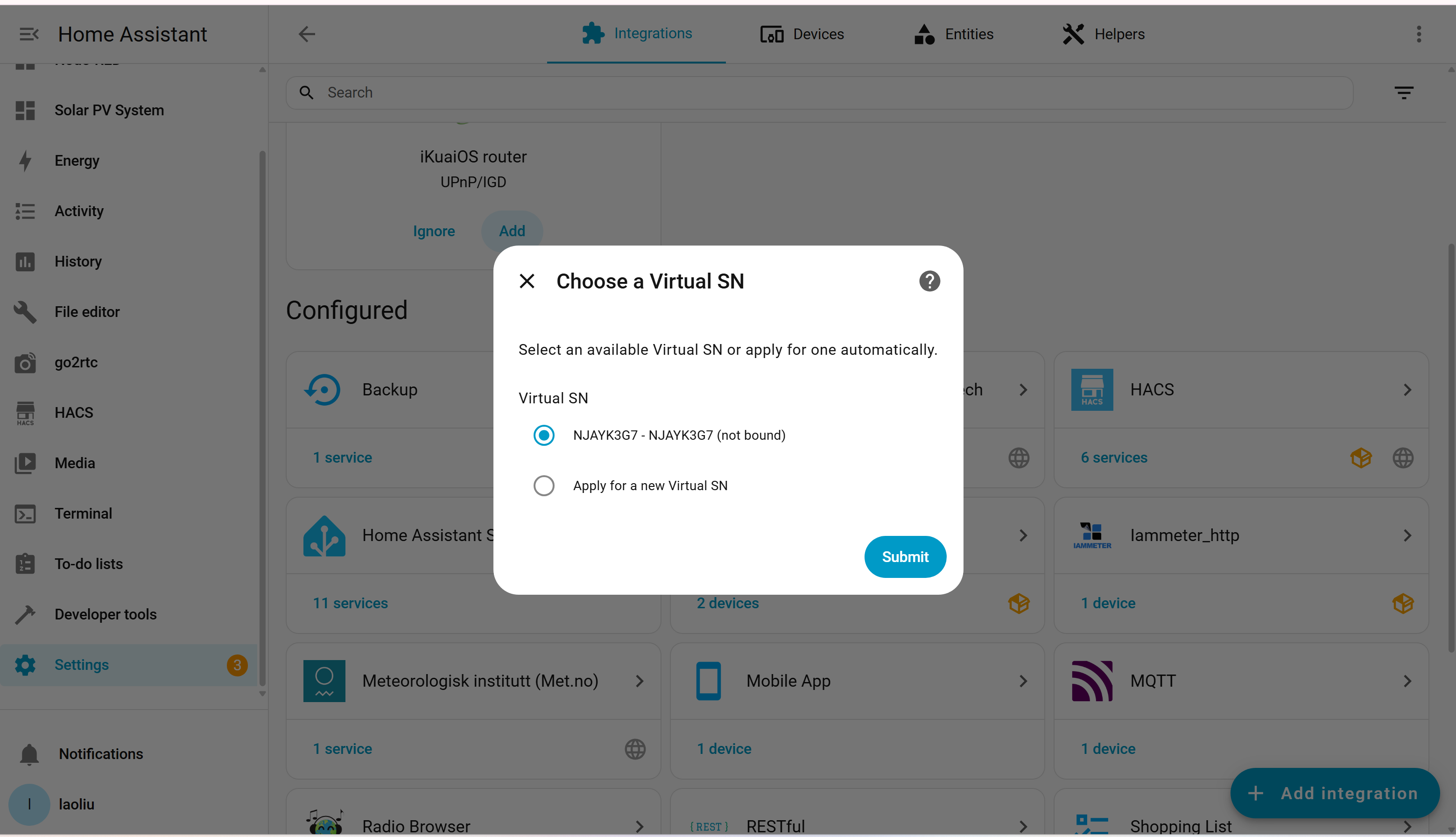 Virtual Meter SN selection step during IAMMETER-Link setup