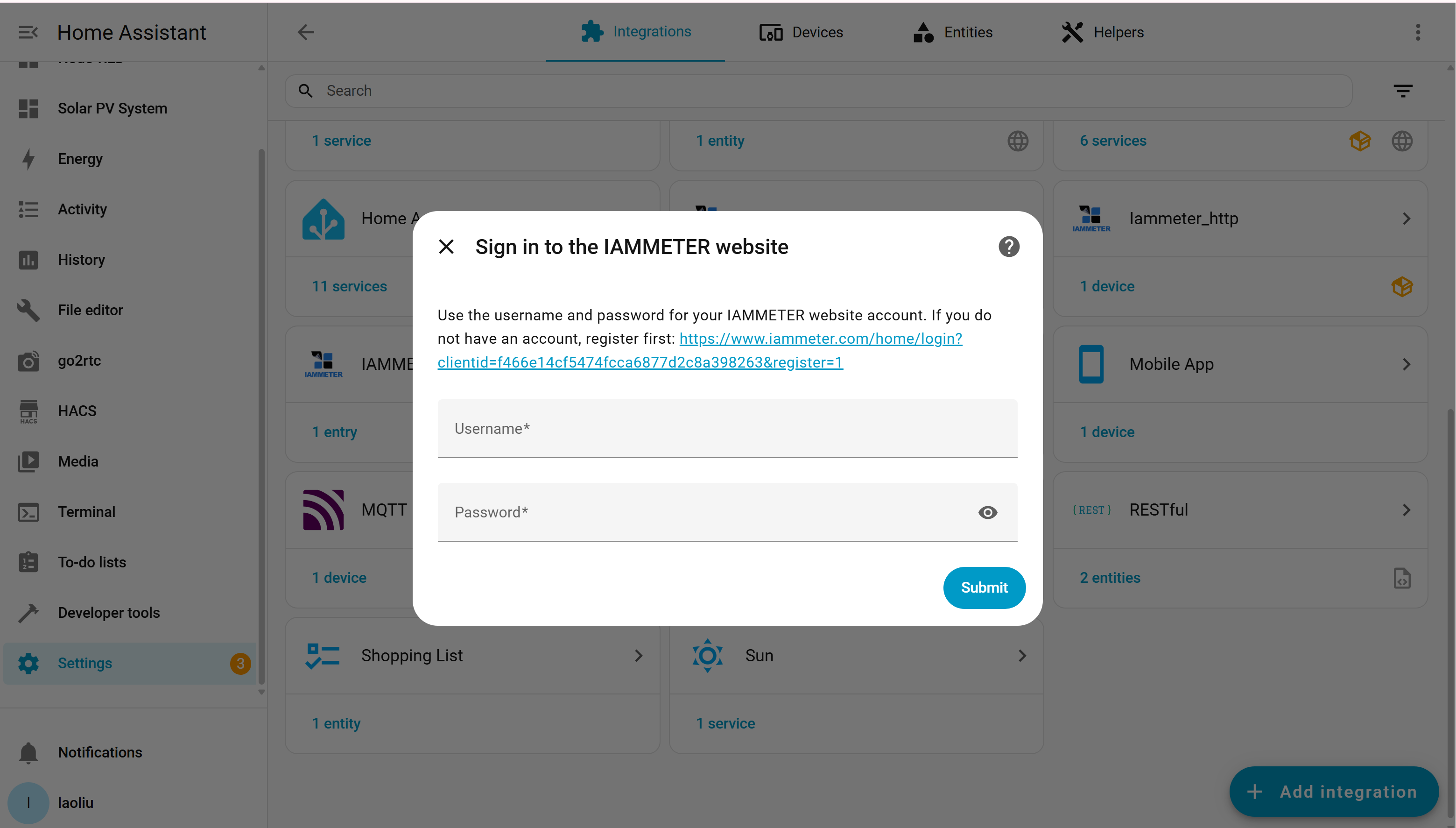 IAMMETER Cloud login step inside the IAMMETER-Link setup wizard
