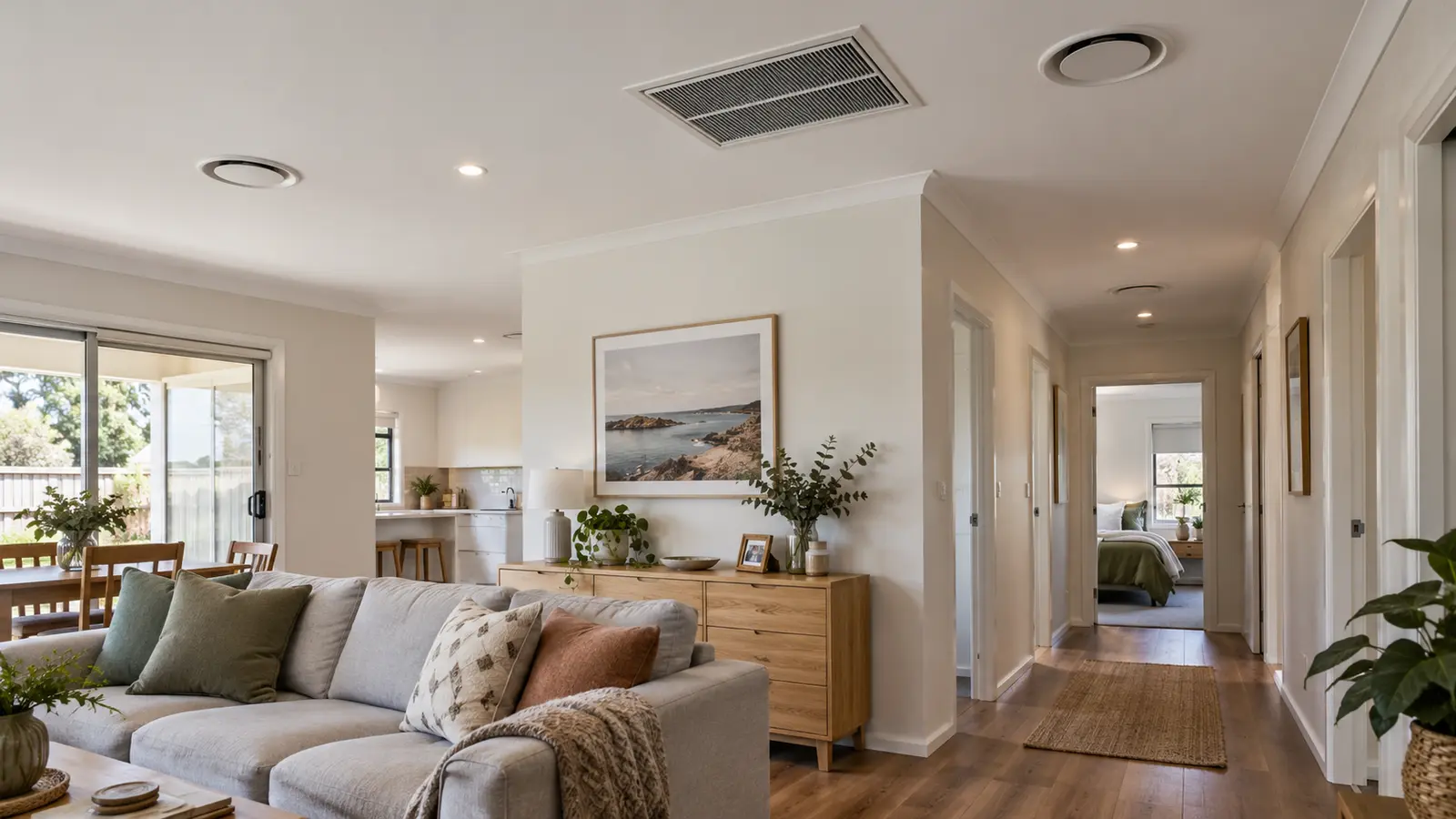Ducted air-conditioning vents and return grille across an Australian home