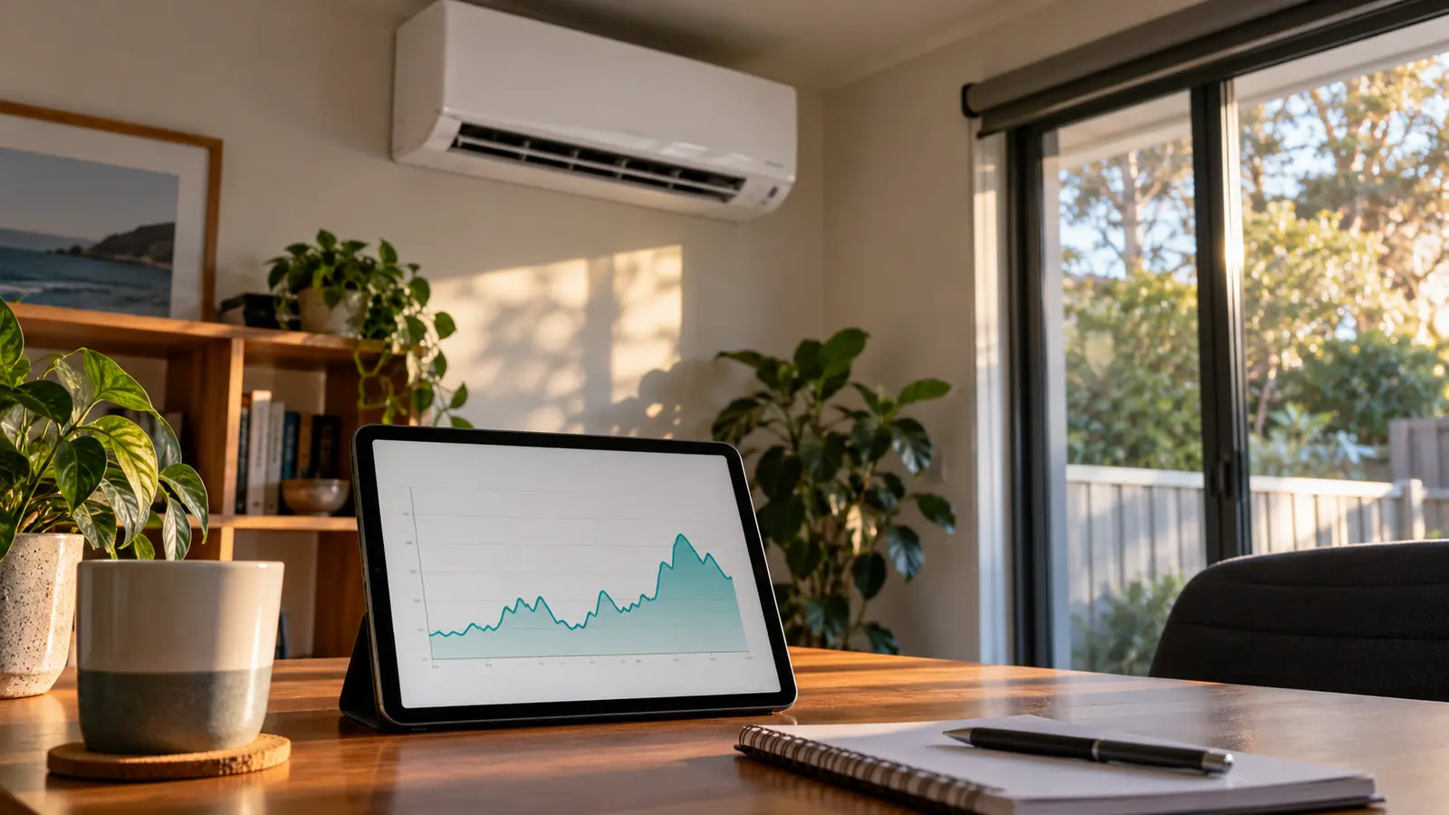 Energy-use chart beside a wall-mounted split-system air conditioner