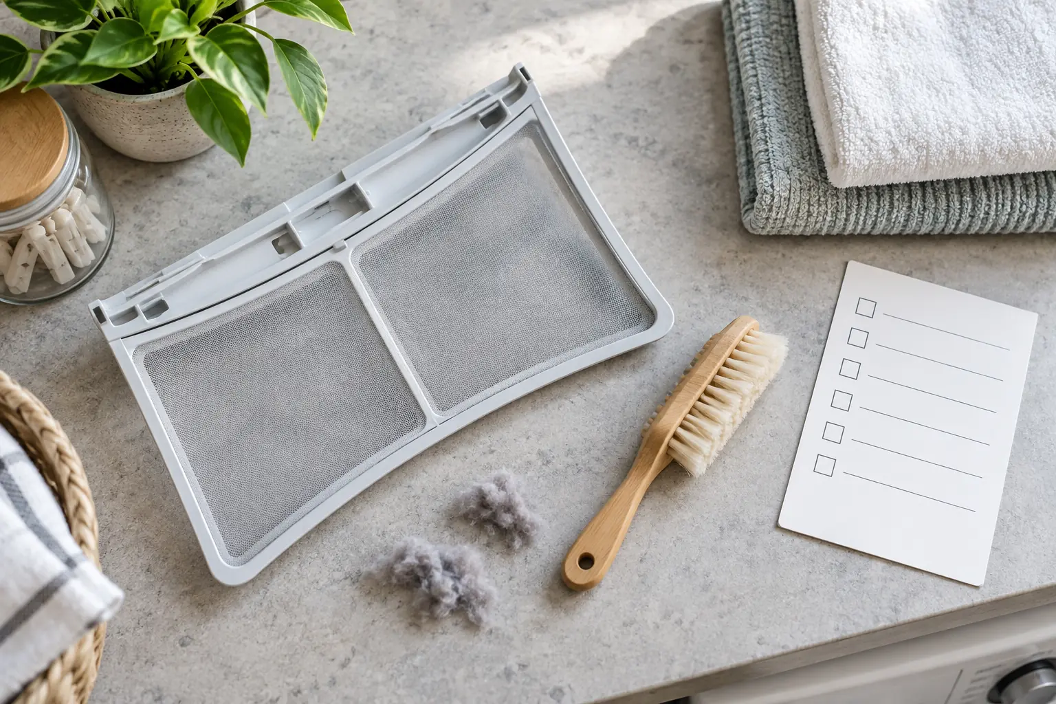 Dryer lint-filter cleaning tools arranged on a laundry bench