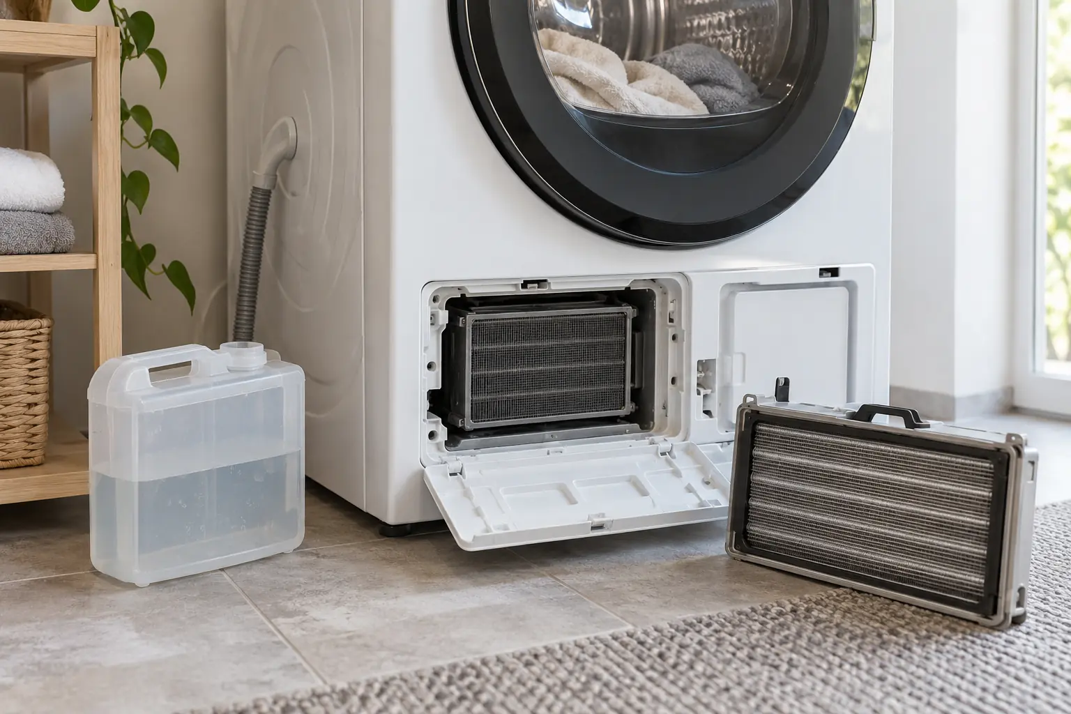 Heat-pump dryer lower filter and condensate components
