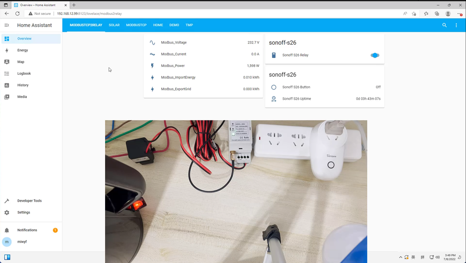 IAMMETER meter data shown inside Home Assistant with solar and grid readings