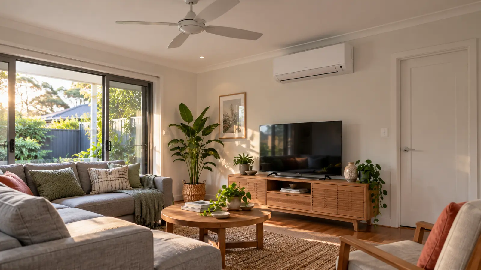 Ceiling fan and split-system air conditioner used for efficient zoned cooling