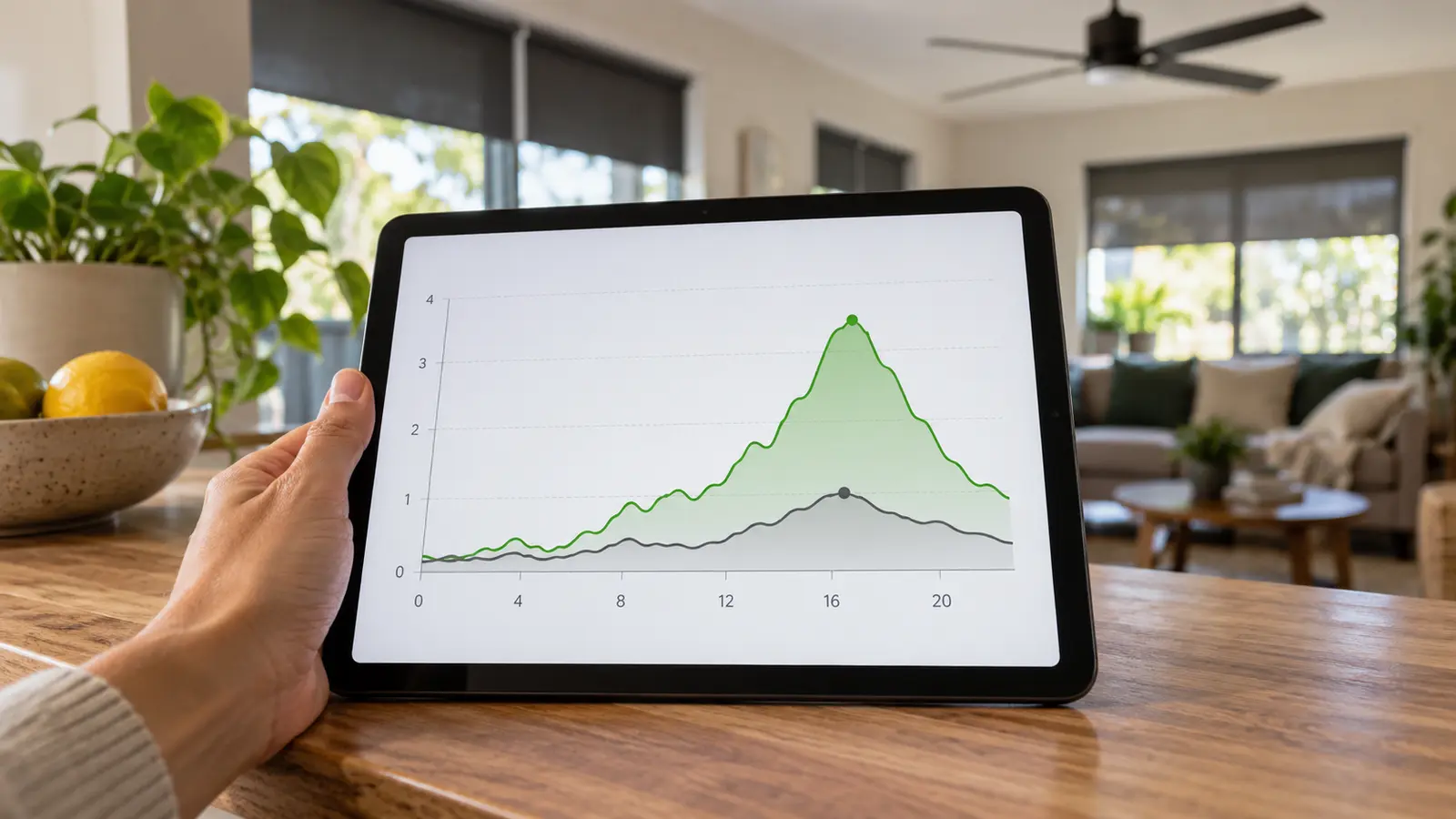 Tablet comparing two household energy-use profiles during summer