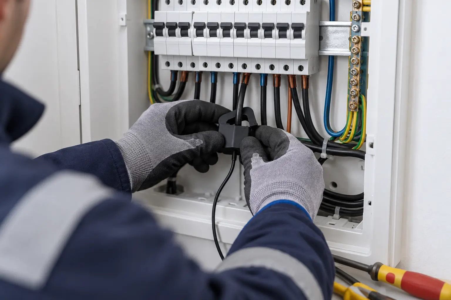 A qualified electrician fitting a CT sensor for dedicated circuit-level appliance monitoring