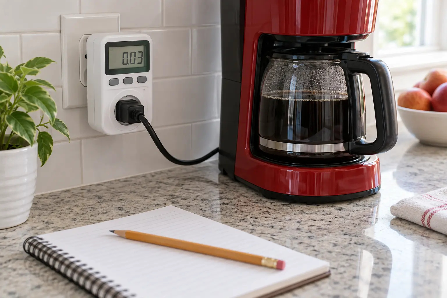 A plug-in watt meter recording the energy used by a countertop appliance