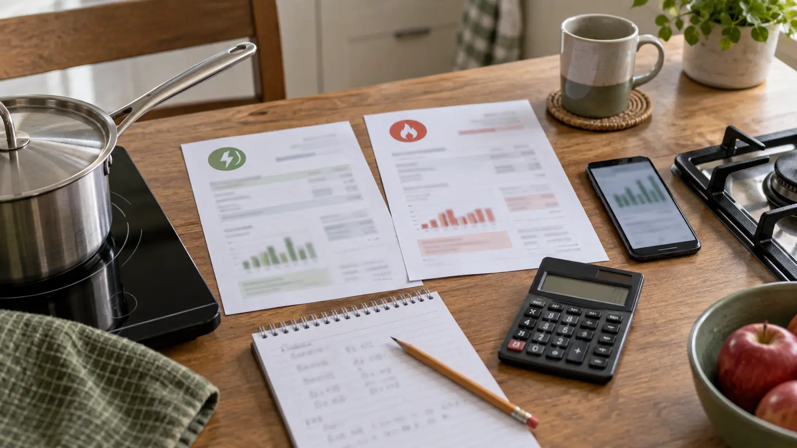 Electricity and gas bills, a calculator and energy data arranged for a household cooking-cost comparison
