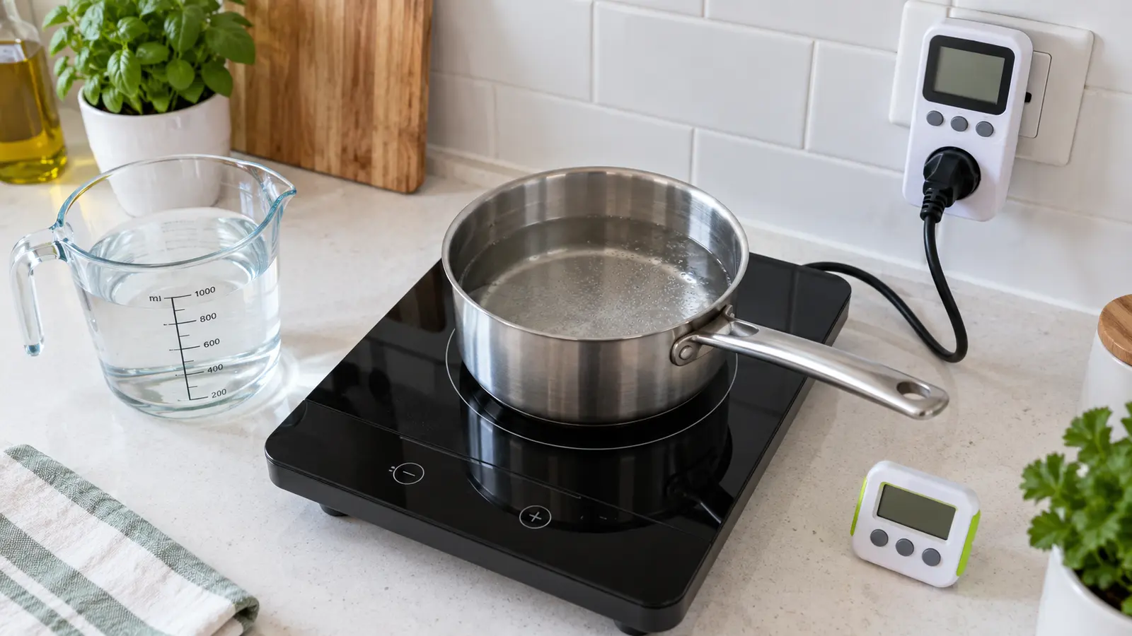 A portable induction cooktop being measured with a plug-in energy meter while heating a known volume of water