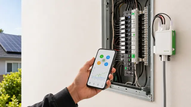 Generated cover image showing a home electrical panel, energy monitor, and smartphone energy dashboard for Schneider Energy Monitor planning