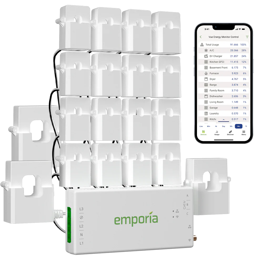 Emporia Vue 3 panel monitor product image for whole-home and circuit-level energy visibility