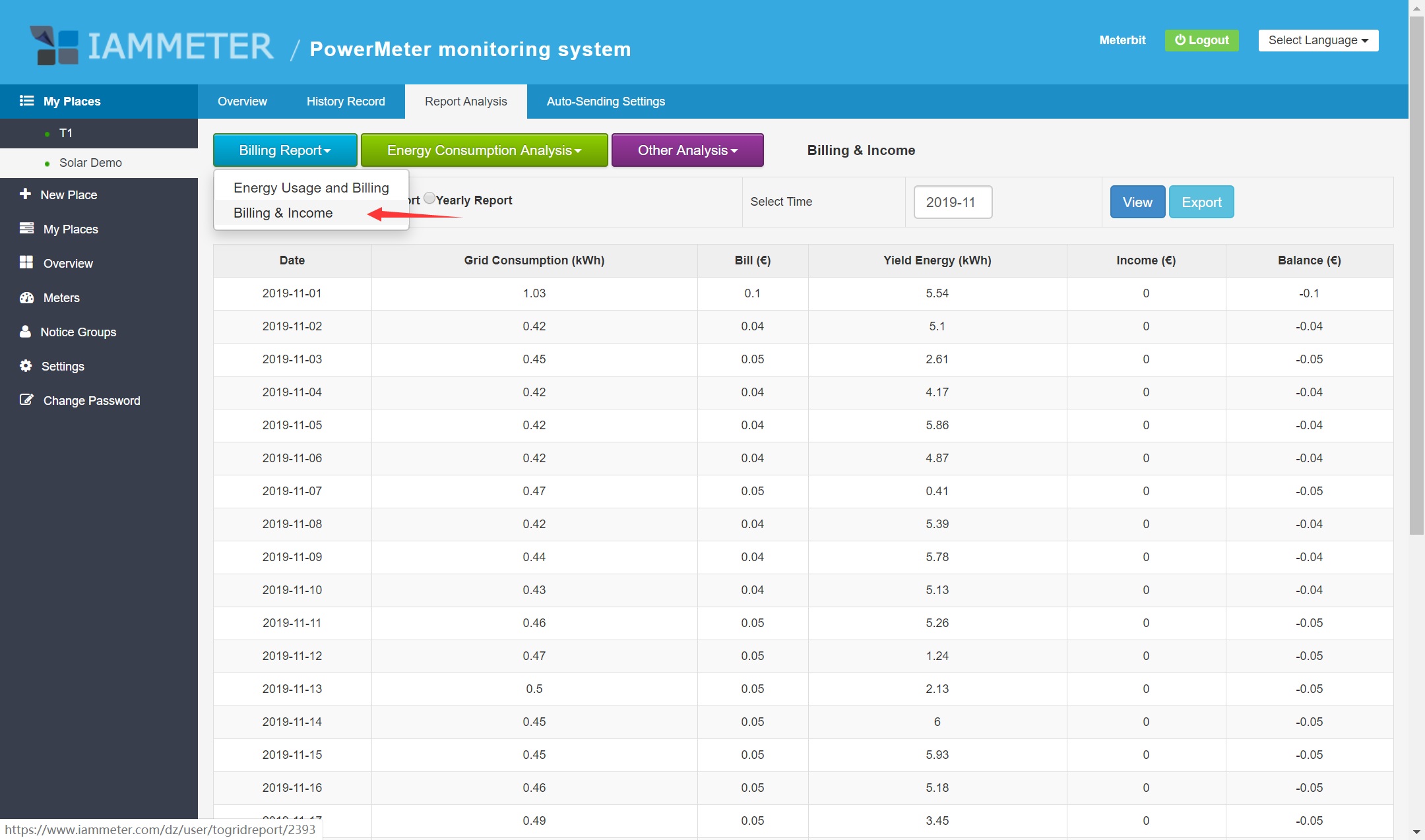 Official IAMMETER Cloud billing and income report