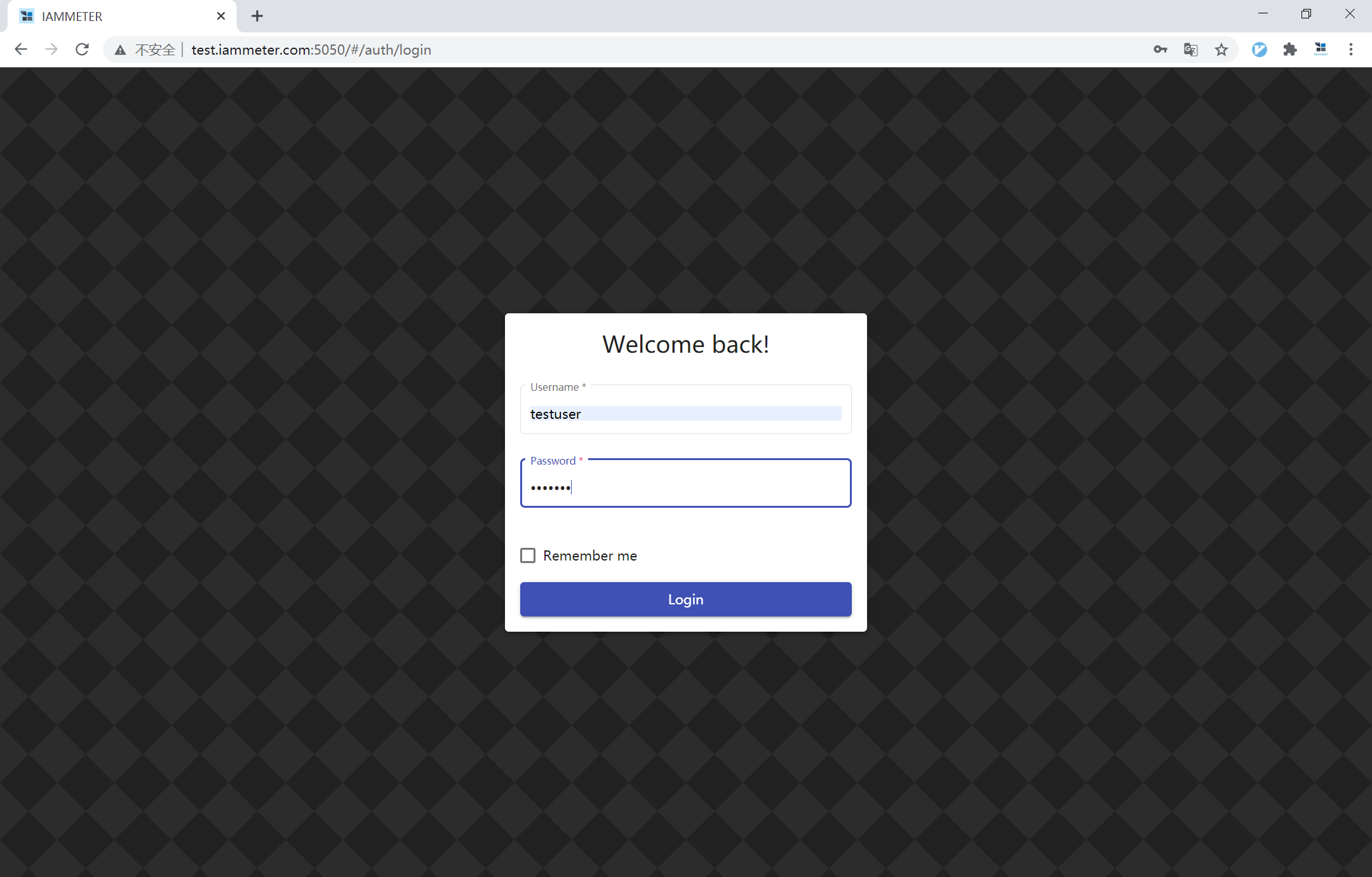 IAMMETER-Docker login screen on a self-hosted local deployment