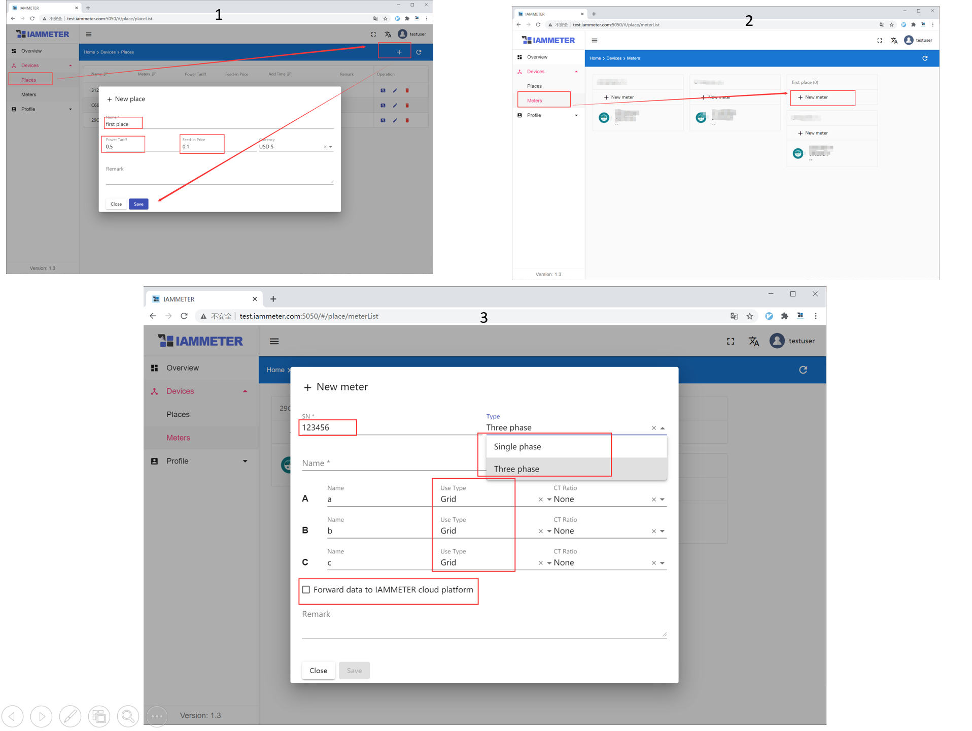 IAMMETER-Docker meter configuration screen showing place and meter setup