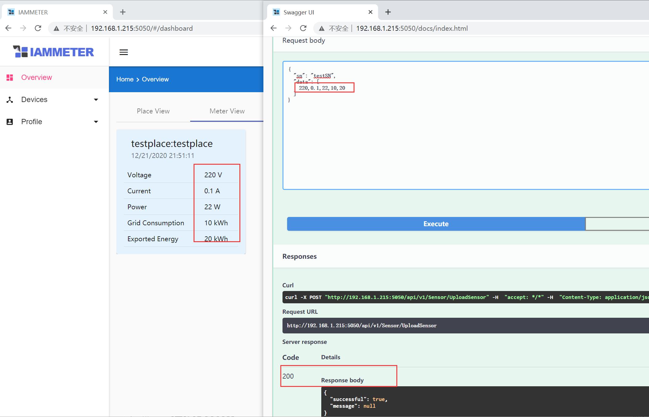 Official IAMMETER-Docker API example screen